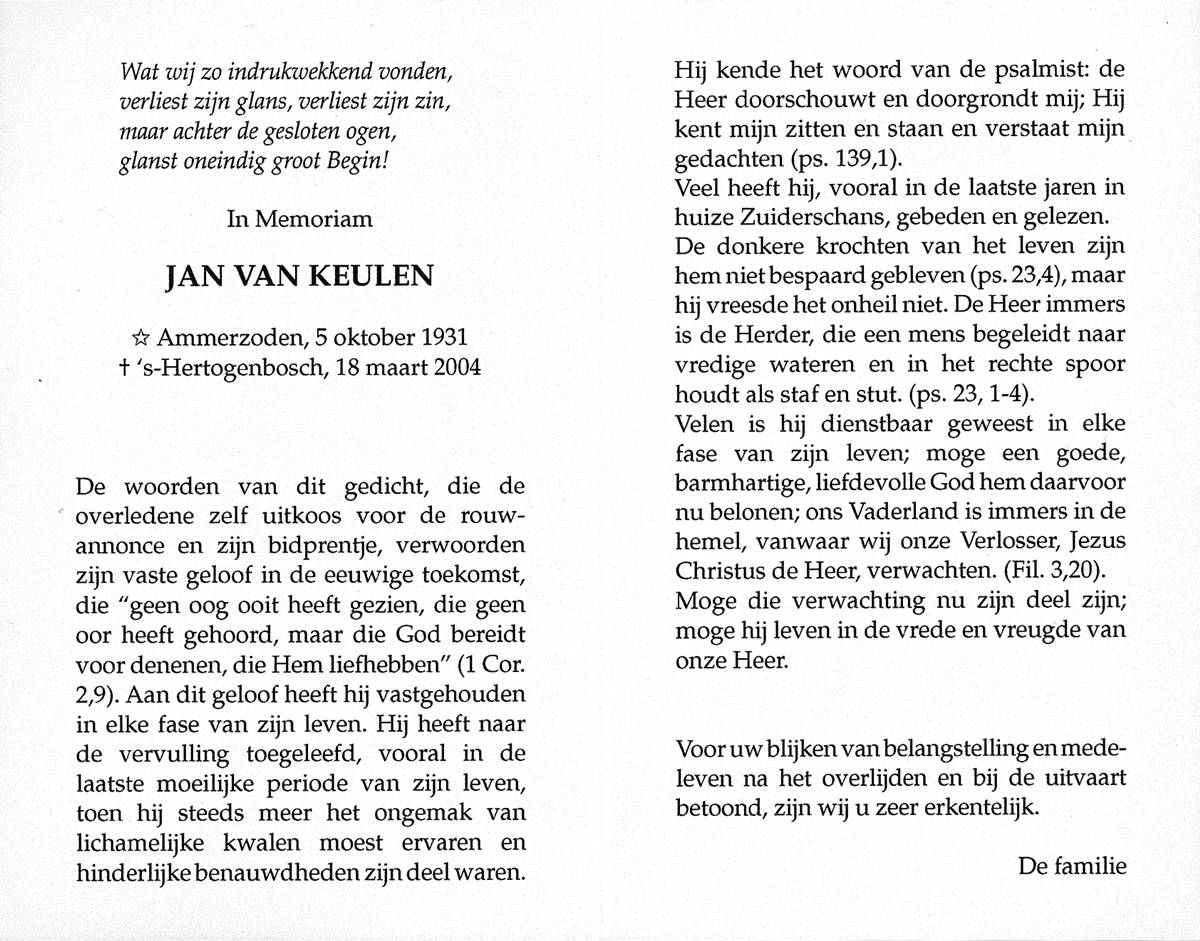 Jan van Keulen bidprentje int